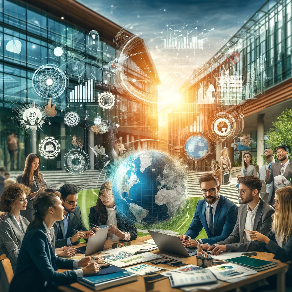 Diverse students collaborate around laptops with charts, books, and global icons in modern university setting.